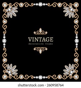 Vintage gold background, vector square jewelry frame on black, eps10