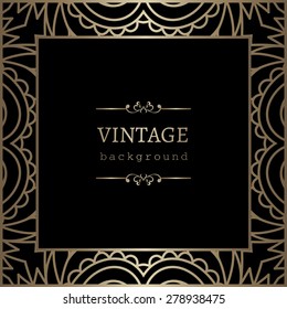 Vintage gold background, vector square ornamental frame on black