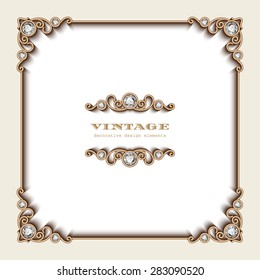 Vintage Gold Background, Vector Square Jewelry Frame On White, Eps10