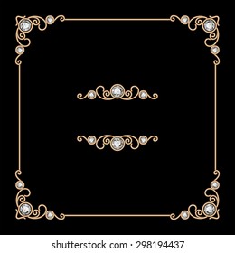 Vintage gold background, vector square jewelry frame on black, eps10