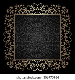Vintage gold background, vector square ornamental frame on black