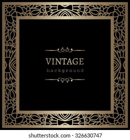 Vintage gold background, vector square  frame with lace border ornament on black
