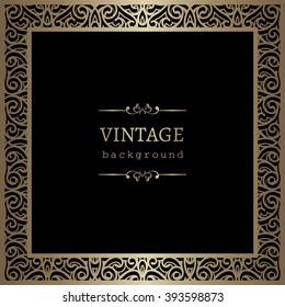 Vintage gold background, vector square ornamental frame on black