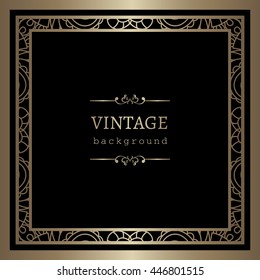 Vintage gold background, vector square ornamental frame on black
