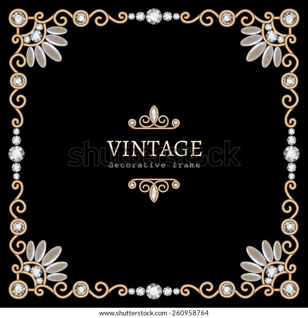 Vintage gold background, vector square jewelry\
frame on black, eps10