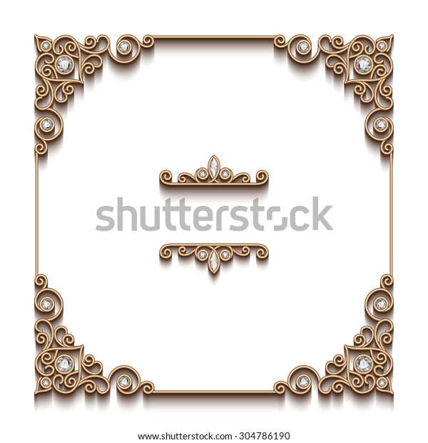 Vintage gold background, vector square\
frame, antique jewelry vignette on white,\
eps10