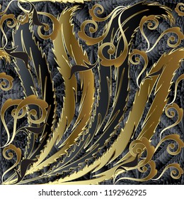 Vintage gold Baroque 3d vector seamless pattern. Textured black ornamental background. Floral antique leafy ornament in baroque Victorian style. Ornate texture. Luxury design for wallpapers, fabric