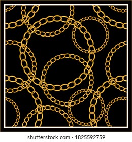 Vintage gold baroque chains on black background.Vector patch for print,fabric,scarf design.