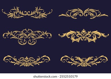 Antiguas oro barroco grabado ornamental. Arabesco, filigrana, florecer borde marco elemento de diseño de colección.  Ornamento elegante del art déco, diseño de lujo de la simetría.