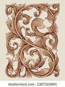 Vintage gold baroque frame leaf scroll floral ornament engraving drawing style . Antique design vector illustration