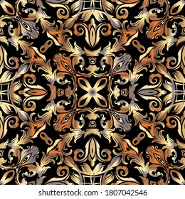Vintage gold Baroque seamless pattern. Luxury ornamental floral background. Repeat decorative Damask backdrop. Ornate beautiful ornaments in autumn colors. Victorian baroque style flowers, leaves.