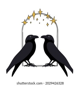 Vintage Gold and Black Mystic Crows and stars inside arch. Witch black ravens Illustration