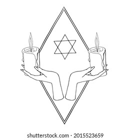 Vintage Gold and Black Mystic Hands holding candles with hexagram. Witch hands drawing Illustration