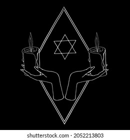 Vintage Gold and Black Mystic Hands holding candles with hexagram. Witch hands drawing Illustration