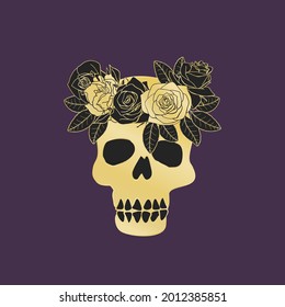 Vintage Gold and Black Mystic Skull with Floral Wreath Illustration