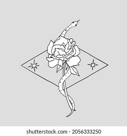 Vintage Gold and Black Mystic snake coiled around the rose flower. Serpent and rose illustration drawing print