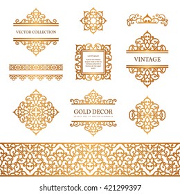 Vintage gold borders and frames, set of decorative design elements, golden vector embellishment on white