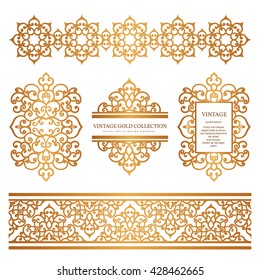 Vintage gold borders and frames, set of decorative design elements, golden vector embellishment on white