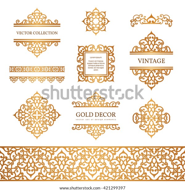 Vintage gold borders and
frames, set of decorative design elements, golden vector
embellishment on white