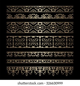 Vintage gold borders, vector set of gold seamless border ornaments on black