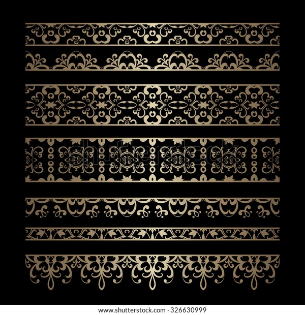 Vintage gold borders, vector set of gold seamless\
border ornaments on\
black