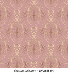 Vintage gold calligraphic 3d seamless pattern. Vector pink background wallpaper. Elegance swirl lines, abstract lace flowers. Line art tracery luxury  ornament. Endless surface texture. Modern design