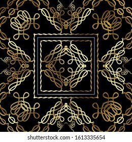 Vintage gold calligraphic 3d vector seamless pattern. Black ornamental royal background. Repeat luxury backdrop. Arabesque style floral ornament. Calligraphy swirl intricate lines, frames, squares.