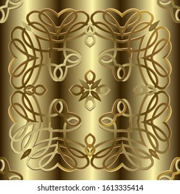 Vintage gold calligraphic lines 3d vector seamless pattern. Gold ornamental background. Repeat ornate backdrop. Arabesque style floral intricate ornament. Filigree calligraphy golden swirl lines.