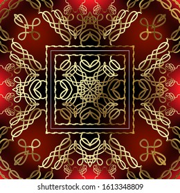 Vintage gold calligraphic swirls 3d vector seamless pattern. Glowing ornamental background. Repeat shiny red backdrop. Arabesque style floral lacy ornament. Filigree calligraphy swirl lines, frames.