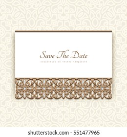 Vintage gold card with diamond jewelry border decoration, wedding invitation or announcement template, vector eps10