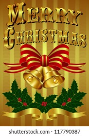 Vintage Gold Christmas Card with hand drawn lettering - Victorian style typefaces and with Bells, Ribbon and Holly