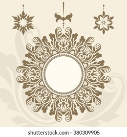 Vintage gold circle frame template, label, vignette, set of decorative vector pendants in retro style