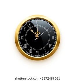 Vintage gold clock face, elegant roman numerals clock isolated on white background. Realistic classical watch with black dial and white roman numbers. Time scale under glass. Vector illustration.