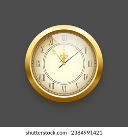 Vintage gold clock face, elegant roman numerals clock isolated on grey background. Realistic classical watch with white dial and black roman numbers. Time scale under glass. Vector illustration.