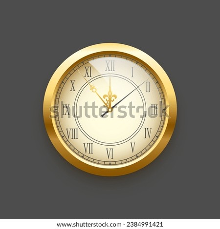 Vintage gold clock face, elegant roman numerals clock isolated on grey background. Realistic classical watch with white dial and black roman numbers. Time scale under glass. Vector illustration.