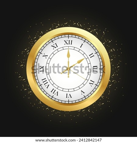 Vintage gold clock face, elegant roman numerals clock isolated on black background. Realistic classical watch with white dial. Time scale. Old fashion vintage clock. Vector illustration