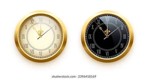 Reloj dorado vintage, reloj elegante de números romanos aislado en fondo blanco. Reloj clásico realista con dial blanco y negro. Escala de tiempo bajo vidrio. Ilustración vectorial.