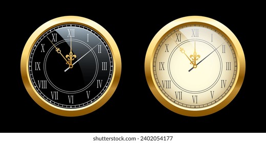 Vintage gold clock face set, elegant roman numerals clock isolated on black background. Realistic classical watch with white and black dial. Time scale under glass. Vector illustration.