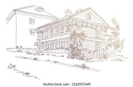 Vintage gold colored landscape, vector traced ancient residential wooden house with carved decor on the old street in Pskov