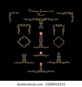 Vintage gold curled design set for wedding invitations, headers, signboard framed certificate template, vignette, border, diploma on black background. Modern interpretation of Islamic motifs. Part 8