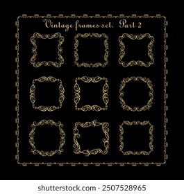 Vintage gold curled frames set for wedding invitations, headers, signboard framed certificate template, vignette, border, diploma on black background. Modern interpretation of Islamic motifs. Part 2.
