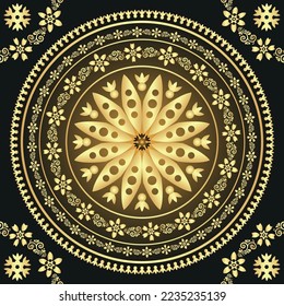 Oro vintage y marco gradiente oscuro con mandala, patrón sin costura, vector