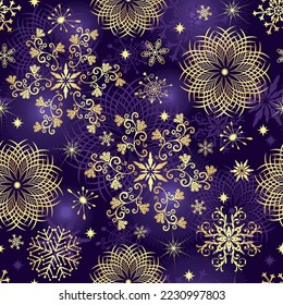 Vintage gold and dark violet seamless pattern  with golden decorative lacy snowflakes, vector