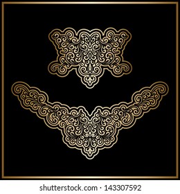 Vintage gold decor elements set, vector metal labels on black