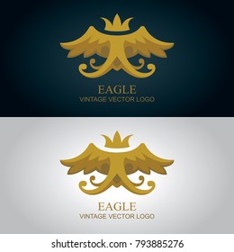 Vintage gold eagle logo with crown.
Luxury vector emblems set.