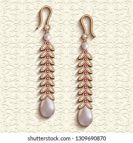 Vintage gold earrings. Vector jewelry with diamonds, pearl beads and ruby gemstones. Elegant women's jewellery decoration on ornamental white background.