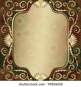 Vintage gold elegance frame with translucent flowers and gold curls (vector EPS 10)