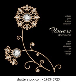 Vintage gold floral decoration, dandelion, vector jewelry flowers on black background, eps10