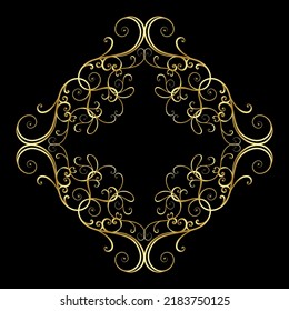 Vintage gold floral frame with place for text. Golden lines royal luxury ornament. Elegance decorative frame design with swirls, flowers, lines, curves. Ornate design. Black and gold vector background