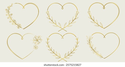 Vintage Gold Floral Heart Frames: Hand-Drawn Roses, Laurel Wreaths, and Metal Heart Designs. Perfect for Wedding Invitations, Valentine’s Day Cards, Holiday Decor, and Elegant Romantic Projects